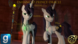 Size: 2130x1198 | Tagged: safe, artist:princeoracle, oc, oc:prince oracle, species:alicorn, species:pony, g4, 3d, alicorn oc, coat markings, crown, cutie mark, download disabled at source, entraban, gmod, green crystal gem necklace, horn, jewelry, kirkwall golden dragon symbol of heraldry (dragon age), male, male solo, model, prince, prince of entraban, princess luna's husband, regalia, royalty, spots, stallion, tail bracelet, wind staff, wings