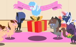 Size: 6400x4000 | Tagged: safe, artist:steampunk-brony, oc, oc:curly mane, oc:loveless nova, oc:neigh sayer, oc:pink rose, oc:silverlay, oc:steamy, oc:think pink, species:earth pony, species:pony, species:unicorn, g4, absurd resolution, banner, birthday, cake, food, fork, magic, pointy ponies, present, tongue out
