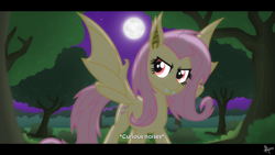 Size: 1920x1080 | Tagged: safe, artist:whitequartztheartist, character:flutterbat, character:fluttershy, species:bat pony, species:pony, g4, bat ponified, caption, descriptive noise, everfree forest, female, forest, mare, night, race swap, solo, tree