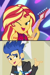Size: 1280x1912 | Tagged: safe, artist:mlp-lolada, edit, edited screencap, screencap, character:flash sentry, character:sunset shimmer, ship:flashimmer, equestria girls:rainbow rocks, equestria girls:spring breakdown, g4, my little pony: equestria girls, my little pony:equestria girls, spoiler:eqg series (season 2), female, geode of empathy, magical geodes, male, one eye closed, open mouth, shipping, shipping domino, singing, straight, wink