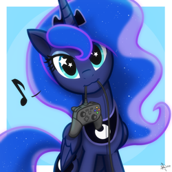 Size: 2048x2048 | Tagged: safe, artist:whitequartztheartist, character:princess luna, species:alicorn, species:pony, gamer luna, g4, blue mane, controller, cute, female, looking at you, lunabetes, mouth hold, solo, starry eyes, wingding eyes