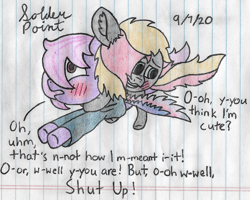 Size: 2676x2136 | Tagged: safe, artist:mlplayer dudez, oc, oc only, oc:solder point, species:earth pony, species:pegasus, species:pony, g4, blushing, clothing, colored wings, cute, dialogue, duo, embarrassed, female, flying, frown, gradient wings, hoodie, male, mare, open mouth, ponies riding ponies, riding, shocked, signature, smiling, stallion, talking, traditional art, underhoof, wings