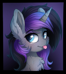 Size: 800x889 | Tagged: safe, artist:a-lunar-eclipse, oc, oc:purple flame, species:pony, species:unicorn, g4, blep, bust, chest fluff, cute, ear fluff, gradient background, looking at you, solo, tongue out