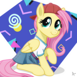 Size: 2048x2048 | Tagged: safe, artist:whitequartztheartist, gameloft, character:fluttershy, species:pegasus, species:pony, g4, '90s, 90s grunge fluttershy, backwards ballcap, baseball cap, cap, clothing, cute, female, gameloft interpretation, hat, looking at you, mare, raised leg, shirt, shy, shyabetes, skirt, smiling, solo