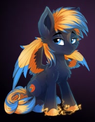 Size: 829x1070 | Tagged: safe, artist:a-lunar-eclipse, oc, oc only, oc:arc flash, species:pegasus, species:pony, g4, chest fluff, electricity, glowing hooves, lightning, pegasus oc, smiling, solo, wings