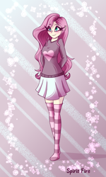 Size: 1200x2000 | Tagged: safe, artist:spirit-fire360, character:fluttershy, species:human, g4, arm behind back, blushing, clothing, cute, eye clipping through hair, eyebrows, eyebrows visible through hair, eyelashes, female, hands behind back, heart, humanized, shyabetes, skirt, socks, stocking feet, stockings, striped socks, thigh highs, zettai ryouiki