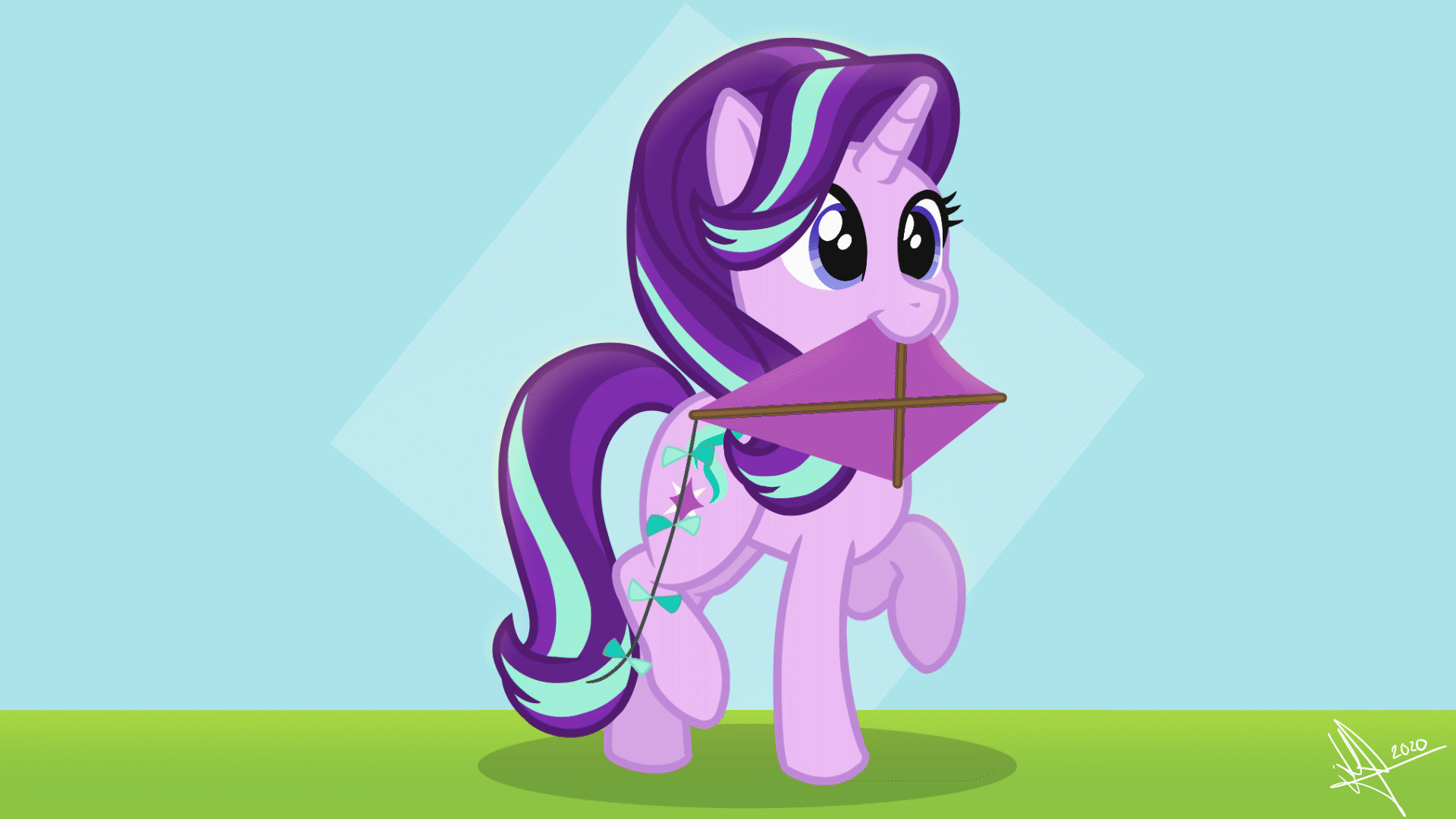 Size: 1920x1080 | Tagged: safe, artist:whitequartztheartist, character:starlight glimmer, species:pony, species:unicorn, g4, animated, cute, female, gif, glimmerbetes, kite, mare, mouth hold, solo, that pony sure does love kites, walk cycle, walking
