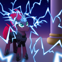 Size: 2048x2048 | Tagged: safe, artist:whitequartztheartist, character:fizzlepop berrytwist, character:tempest shadow, species:pony, species:unicorn, g4, my little pony: the movie (2017), canterlot, female, lightning, magic, mare, solo