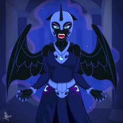Size: 1280x1280 | Tagged: safe, artist:whitequartztheartist, character:nightmare moon, character:princess luna, species:human, g4, crying, eared humanization, female, horn, horned humanization, humanized, redraw, solo, winged humanization, wings