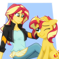 Size: 2048x2048 | Tagged: safe, artist:whitequartztheartist, character:sunset shimmer, species:pony, species:unicorn, g4, my little pony:equestria girls, female, human ponidox, looking at each other, mare, one eye closed, petting, ponidox, self ponidox, smiling