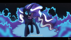 Size: 1920x1080 | Tagged: safe, artist:whitequartztheartist, idw, character:nightmare rarity, character:rarity, species:pony, species:unicorn, g4, blue fire, magic, night, shadows, smiling, solo, subtitles