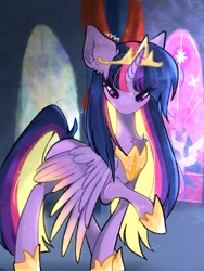 Size: 1536x2048 | Tagged: safe, artist:siripim111, character:twilight sparkle, character:twilight sparkle (alicorn), species:alicorn, species:pony, episode:the last problem, g4, my little pony: friendship is magic, chest fluff, crown, ear fluff, female, hoof shoes, jewelry, mare, peytral, princess twilight 2.0, regalia, solo, stained glass, stained glass window
