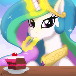 Size: 2048x2048 | Tagged: safe, artist:whitequartztheartist, character:princess celestia, species:alicorn, species:pony, g4, cake, cakelestia, crown, cute, cutelestia, diamond, eating, female, food, glowing horn, horn, jewelry, looking at you, magic, mare, regalia, solo, table, that pony sure does love cakes, wings