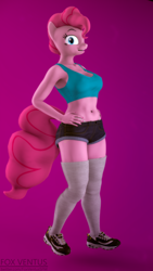 Size: 2160x3840 | Tagged: safe, artist:foxventus, character:pinkie pie, species:anthro, species:plantigrade anthro, g4, 3d, breasts, clothing, female, open mouth, pink background, shoes, shorts, simple background, socks, solo, source filmmaker, sports bra, thigh highs