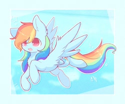 Size: 1280x1072 | Tagged: safe, artist:jisuppe, character:rainbow dash, species:pegasus, species:pony, g4, backwards cutie mark, chest fluff, colored pupils, eye clipping through hair, female, flying, mare, smiling, solo, spread wings, wings