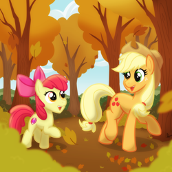 Size: 2048x2048 | Tagged: safe, artist:whitequartztheartist, character:apple bloom, character:applejack, species:earth pony, species:pony, g4, autumn, forest, leaves, tree