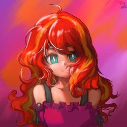 Size: 1280x1280 | Tagged: safe, artist:tinybenz, character:sunset shimmer, species:human, g4, my little pony:equestria girls, beautiful, cute, female, messy hair, shimmerbetes, shoulderless, solo