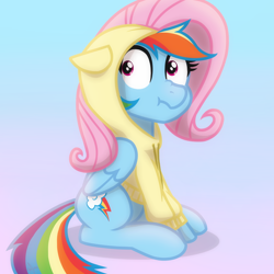 Size: 2048x2048 | Tagged: safe, artist:whitequartztheartist, character:rainbow dash, species:pegasus, species:pony, g4, clothing, commission, costume, female, floppy ears, folded wings, gradient background, high res, hoodie, kigurumi, looking at you, mare, scrunchy face, sitting, solo, three quarter view, wings