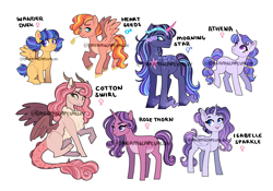 Size: 3000x2100 | Tagged: safe, artist:dreamscapevalley, oc, oc:athena, oc:cotton swirl, oc:heart seeds, oc:isabelle sparkle, oc:morning star, oc:rose thorn, oc:wander dusk, parent:big macintosh, parent:discord, parent:flash sentry, parent:king sombra, parent:princess cadance, parent:rarity, parent:shining armor, parent:tempest shadow, parent:twilight sparkle, parents:cadmac, parents:discodance, parents:flashlight, parents:rarilight, parents:shiningcadance, parents:tempestdancer, parents:twibra, species:alicorn, species:draconequus, species:pegasus, species:pony, species:unicorn, g4, ambiguous gender, androgynous, colt, female, filly, hybrid, interspecies offspring, magical lesbian spawn, male, offspring, simple background, straw in mouth, watermark, white background