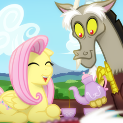 Size: 2048x2048 | Tagged: safe, artist:whitequartztheartist, character:discord, character:fluttershy, species:draconequus, species:pegasus, species:pony, g4, eyes closed, fangs, food, open mouth, outdoors, tea