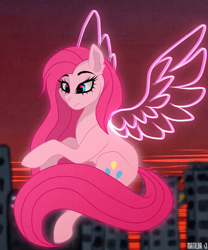 Size: 1024x1228 | Tagged: safe, artist:pinkamenascratch, character:pinkamena diane pie, character:pinkie pie, species:earth pony, species:pony, g4, city, female, solo, wings