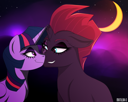 Size: 1280x1024 | Tagged: safe, artist:pinkamenascratch, character:tempest shadow, character:twilight sparkle, character:twilight sparkle (alicorn), species:alicorn, species:pony, species:unicorn, ship:tempestlight, g4, broken horn, crescent moon, eye contact, female, horn, lesbian, looking at each other, moon, night, shipping, smiling