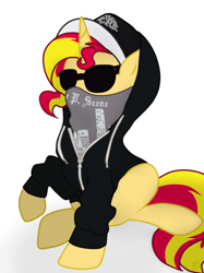 Size: 600x802 | Tagged: safe, artist:pinkamenascratch, character:sunset shimmer, species:pony, species:unicorn, g4, charlie scene, clothing, female, hollywood undead, hoodie, mask, simple background, solo, sunglasses