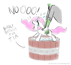 Size: 522x478 | Tagged: safe, artist:banebuster, character:princess celestia, oc, oc:anon, species:alicorn, species:human, species:pony, series:tiny tia, g4, adorable distress, bath, bath time, bucket, cewestia, crying, cute, female, filly, forced bathing, pink-mane celestia, simple background, water, white background, younger