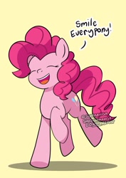 Size: 1024x1449 | Tagged: safe, artist:shujiwakahisaa, character:pinkie pie, species:earth pony, species:pony, g4, cute, dialogue, diapinkes, eyes closed, female, mare, open mouth, simple background, smiling, solo, yellow background
