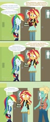 Size: 1920x4608 | Tagged: safe, artist:phantomshadow051, character:rainbow dash, character:sunset shimmer, character:zephyr breeze, species:eqg human, comic:eqg:bursting rainbow, g4, my little pony: equestria girls, my little pony:equestria girls, bathroom, crossed legs, desperation, need to pee, omorashi, out of order, potty dance, potty emergency, potty time, request, restroom, sunset's journal, sweat