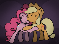 Size: 1024x768 | Tagged: safe, artist:pinkamenascratch, character:applejack, character:pinkie pie, species:earth pony, species:pony, g4, abstract background, duo, eyes closed, female, hug