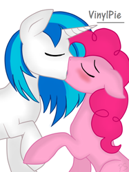 Size: 800x1067 | Tagged: safe, artist:pinkamenascratch, character:dj pon-3, character:pinkie pie, character:vinyl scratch, species:earth pony, species:pony, species:unicorn, g4, blushing, eyes closed, female, holding hooves, kissing, lesbian, mare, shipping, simple background, vinylpie, white background