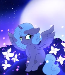 Size: 507x586 | Tagged: safe, artist:pinkamenascratch, character:princess luna, species:alicorn, species:pony, g4, female, filly, flower, full moon, moon, solo, spread wings, wings, woona, younger