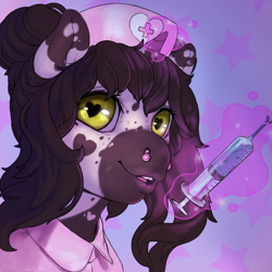 Size: 2000x2000 | Tagged: safe, artist:oops, oc, oc only, oc:bunny, species:pony, species:unicorn, g4, heart eyes, nurse outfit, piercing, solo, syringe, wingding eyes