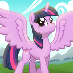 Size: 2048x2048 | Tagged: safe, artist:whitequartztheartist, character:twilight sparkle, character:twilight sparkle (alicorn), species:alicorn, species:pony, g4, female, happy birthday mlp:fim, mare, mlp fim's tenth anniversary, proud, solo, spread wings, wings