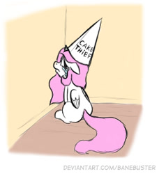 Size: 271x297 | Tagged: safe, artist:banebuster, character:princess celestia, species:alicorn, species:pony, series:tiny tia, g4, cewestia, clothing, crying, cute, dunce hat, female, filly, filly celestia, floppy ears, hat, implied theft, looking at you, looking back, looking back at you, pink-mane celestia, pony shaming, solo, time out, younger
