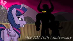 Size: 2560x1440 | Tagged: safe, artist:mrchaosthecunningwlf, artist:ponyvillechaos577, character:lord tirek, character:twilight sparkle, character:twilight sparkle (alicorn), species:alicorn, species:centaur, species:pony, episode:twilight's kingdom, g4, my little pony: friendship is magic, season 4, angry, anniversary, anniversary art, butt, crying, female, fight, glowing eyes, happy birthday mlp:fim, mare, mlp anniversary, mlp fim's tenth anniversary, plot, red sky, silhouette, standoff, tail, tears of anger, thumbnail, youtube link, youtube thumbnail
