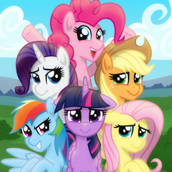 Size: 2048x2048 | Tagged: safe, artist:whitequartztheartist, character:applejack, character:fluttershy, character:pinkie pie, character:rainbow dash, character:rarity, character:twilight sparkle, character:twilight sparkle (alicorn), species:alicorn, species:earth pony, species:pegasus, species:pony, species:unicorn, g4, floppy ears, group, happy birthday mlp:fim, mane six, mlp fim's tenth anniversary