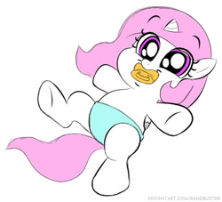 Size: 482x438 | Tagged: safe, artist:banebuster, character:princess celestia, species:alicorn, species:pony, series:tiny tia, g4, baby, baby pony, cewestia, cute, cutelestia, diaper, female, filly, pacifier, pink mane, simple background, white background, younger