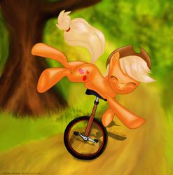 Size: 2076x2098 | Tagged: dead source, safe, artist:hereticalrants, character:applejack, species:earth pony, species:pony, applejack's hat, clothing, cowboy hat, cute, female, funny, grass, happy, hat, high res, jackabetes, mare, path, silly, silly pony, solo, tree, unicycle, who's a silly pony