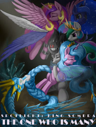 Size: 1080x1440 | Tagged: safe, artist:tinybenz, idw, character:king sombra, character:princess cadance, character:princess celestia, character:princess luna, character:radiant hope, species:alicorn, species:pony, species:unicorn, g4, fanfic, fanfic art, fanfic cover, female, male, mare, stallion