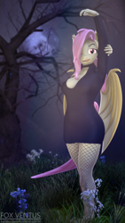 Size: 2160x3840 | Tagged: safe, artist:foxventus, character:flutterbat, character:fluttershy, species:anthro, species:bat pony, species:pegasus, species:pony, species:unguligrade anthro, g4, 3d, bat ponified, breasts, hair over one eye, looking at you, moon, race swap, solo, source filmmaker, species swap, tree