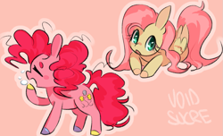 Size: 1037x629 | Tagged: safe, artist:voidsucre, character:fluttershy, character:pinkie pie, species:earth pony, species:pegasus, species:pony, g4, colored hooves, cute, duo, eyes closed, female, folded wings, lying down, mare, open mouth, outline, pink background, profile, prone, simple background, white outline, wings, yawn