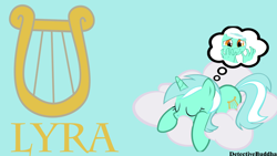 Size: 1366x768 | Tagged: safe, artist:detectivebuddha, character:lyra heartstrings, species:pony, species:unicorn, cloud, cutie mark, hand, lyre, musical instrument, sleeping, that pony sure does love hands, thought bubble, wallpaper