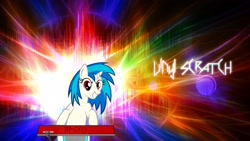 Size: 1920x1080 | Tagged: safe, artist:kigaroth, artist:likonan, edit, character:dj pon-3, character:vinyl scratch, species:pony, species:unicorn, abstract background, female, hooves, horn, mare, smiling, solo, teeth, text, vector, wallpaper, wallpaper edit