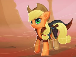 Size: 1964x1480 | Tagged: safe, artist:i-am-knot, character:applejack, badge, clothing, coat, female, gun, solo, spurs, weapon, wind