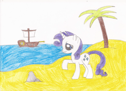 Size: 682x495 | Tagged: safe, artist:star dragon, character:rarity, female, island, ocean, palm tree, pirate, ship, solo, traditional art, tree, water