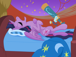 Size: 1200x900 | Tagged: safe, artist:philith, character:twilight sparkle, character:twilight sparkle (alicorn), species:alicorn, species:pony, bed, blanket, female, golden oaks library, mare, on back, sleeping, snoring, solo, telescope, wingboner