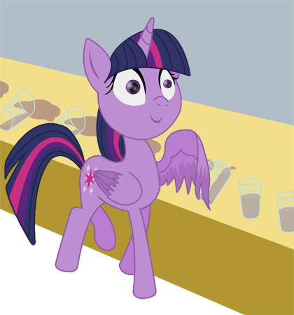 Size: 420x450 | Tagged: safe, artist:philith, character:twilight sparkle, character:twilight sparkle (alicorn), species:alicorn, species:pony, animated, chocolate, chocolate milk, counter, cup, dumb running ponies, endless loop, everything is ruined, evil, exploitable meme, eye shimmer, female, food, fuck the police, loop, mare, meme, milk, moral event horizon, pure unfiltered evil, solo, spill, spilled milk, walking, xk-class end-of-the-milk scenario, xk-class end-of-the-world scenario, you monster
