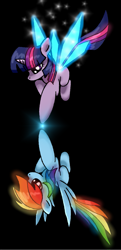 Size: 763x1576 | Tagged: safe, artist:unitoone, character:rainbow dash, character:twilight sparkle, species:pony, ship:twidash, artificial wings, augmented, female, flying, lesbian, magic, magic wings, mare, shipping, wings